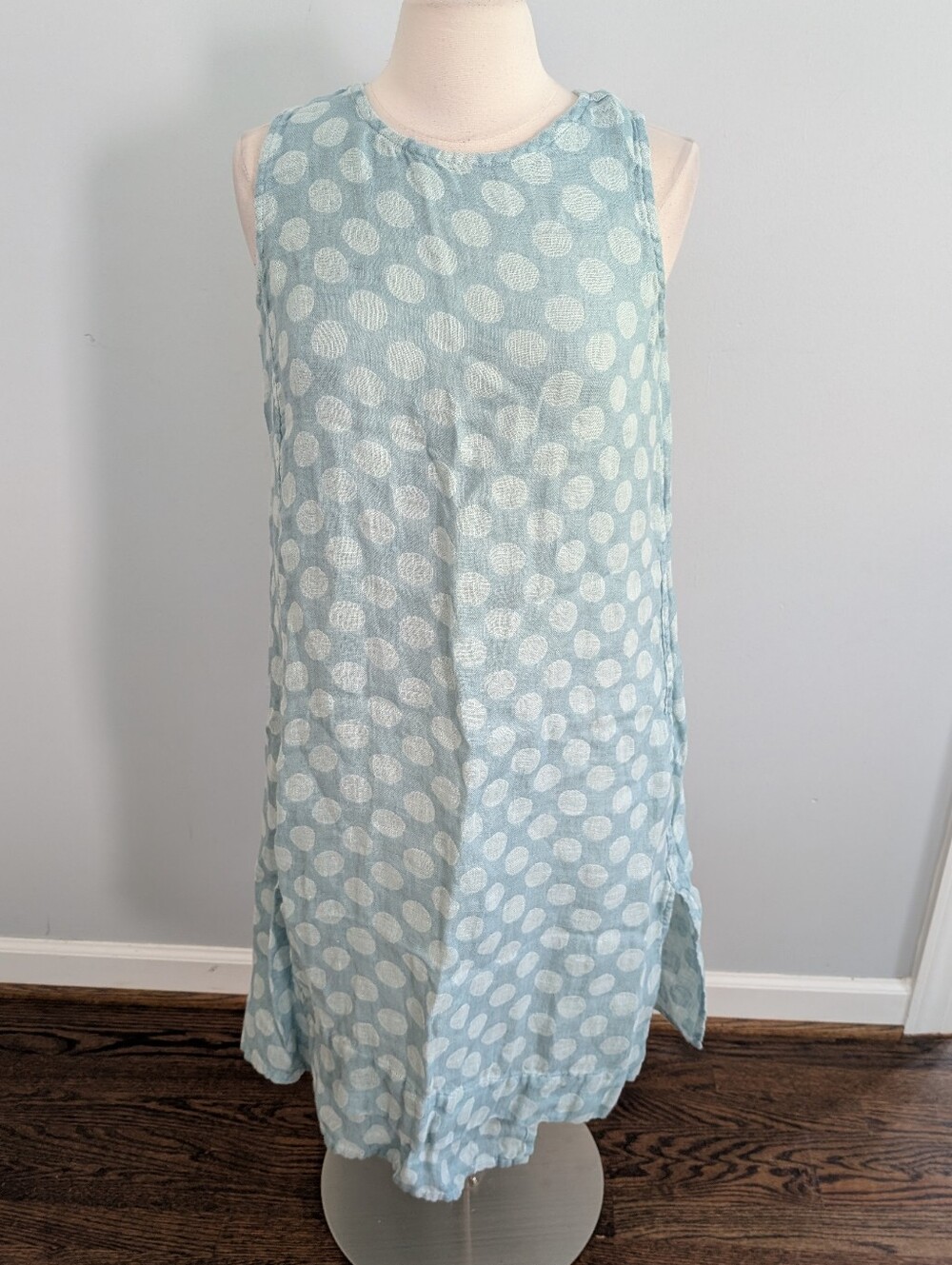 Women's Flax 100% Linen Mint Light Blue Polka Dot Shift Dress Size Small Beach